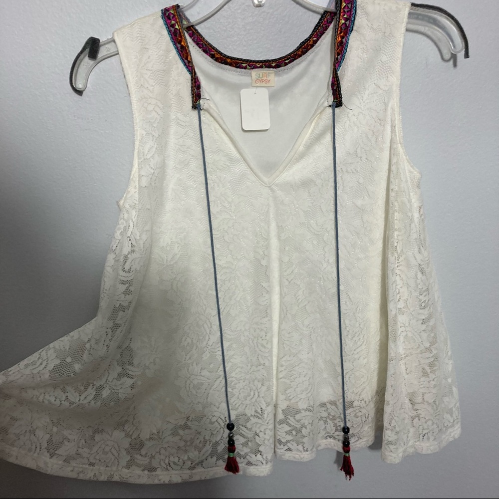 White Boho Sleeveless Flair Top w/Tassles